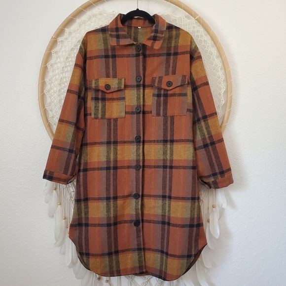 Flannel Shacket Long Plaid Oversized Brown Western Chore Cozy Medium - Picture 1 of 8